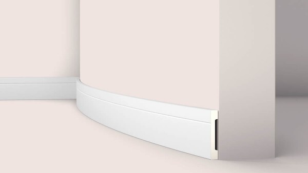 Flexible and bendable flat profile FD2 Flex made of Polyurethan, fully recyclable and pre-primed. A flexible skirting board in a modern design. The flexible Polyurethan material makes it possible to hide unevenness and beautify wall curves and curves in the room.